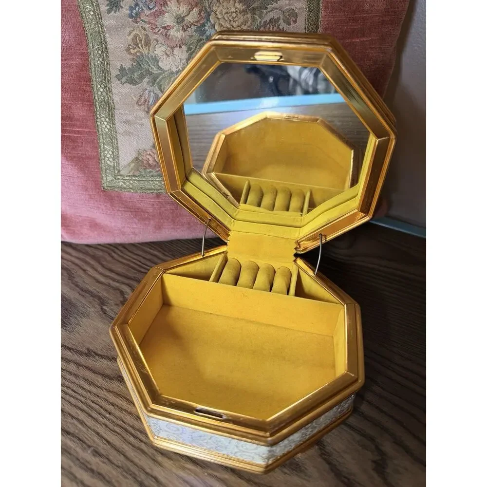 Vintage MCM Octagon Mirrored Brocade Jewelry Box - Gold Silver Threaded